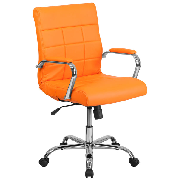 Orange |#| Mid-Back Orange Vinyl Executive Swivel Office Chair with Chrome Base and Arms