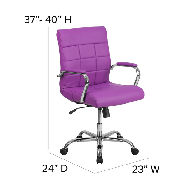 Purple |#| Mid-Back Purple Vinyl Executive Swivel Office Chair with Chrome Base and Arms