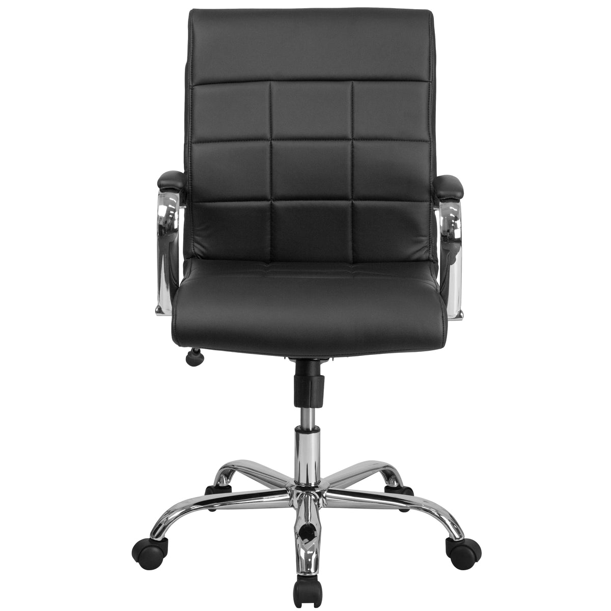 Black |#| Mid-Back Black Vinyl Executive Swivel Office Chair with Chrome Base and Arms