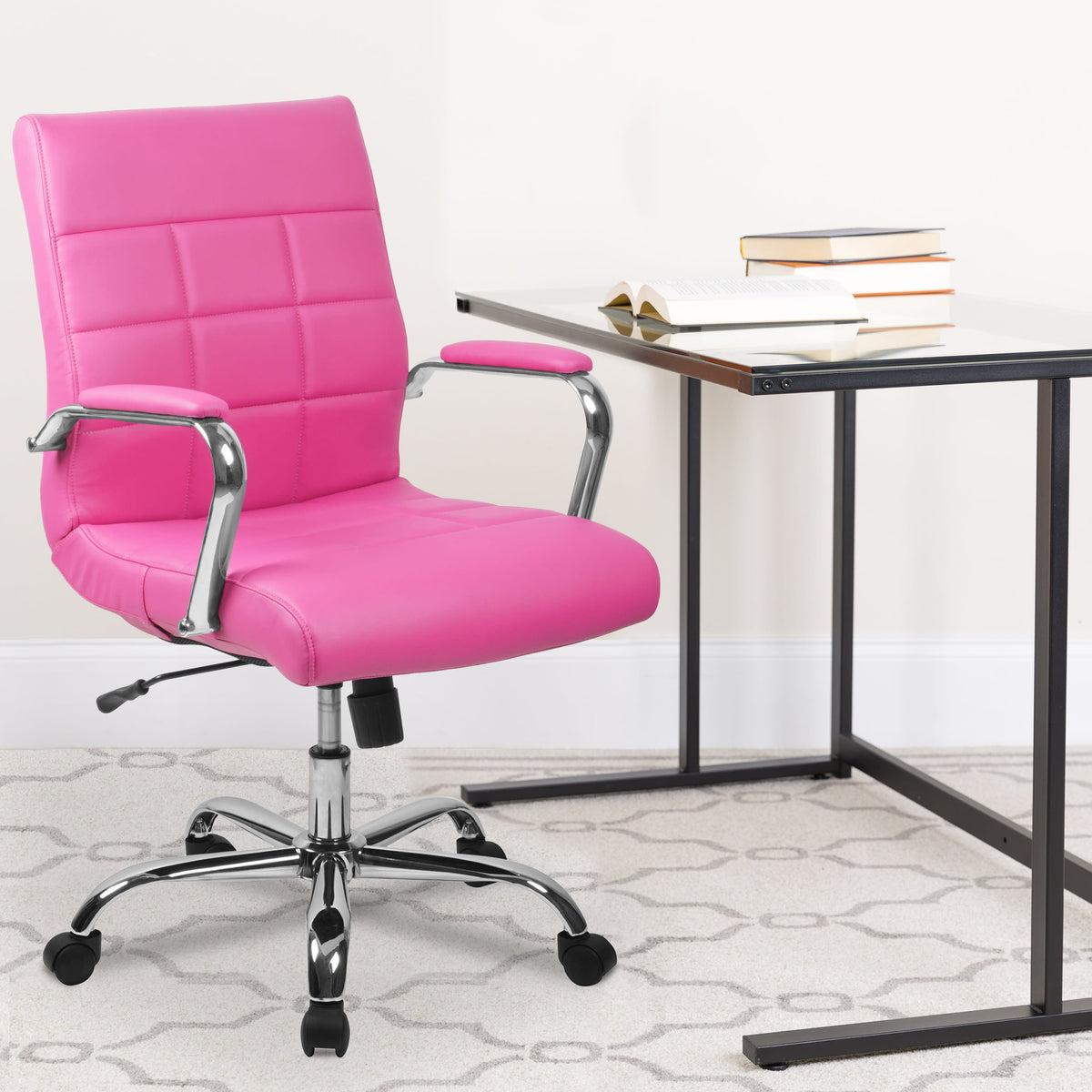 Pink |#| Mid-Back Pink Vinyl Executive Swivel Office Chair with Chrome Base and Arms