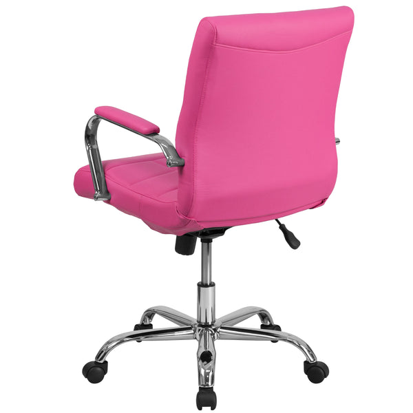 Pink |#| Mid-Back Pink Vinyl Executive Swivel Office Chair with Chrome Base and Arms