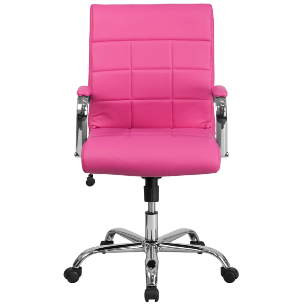 Pink |#| Mid-Back Pink Vinyl Executive Swivel Office Chair with Chrome Base and Arms