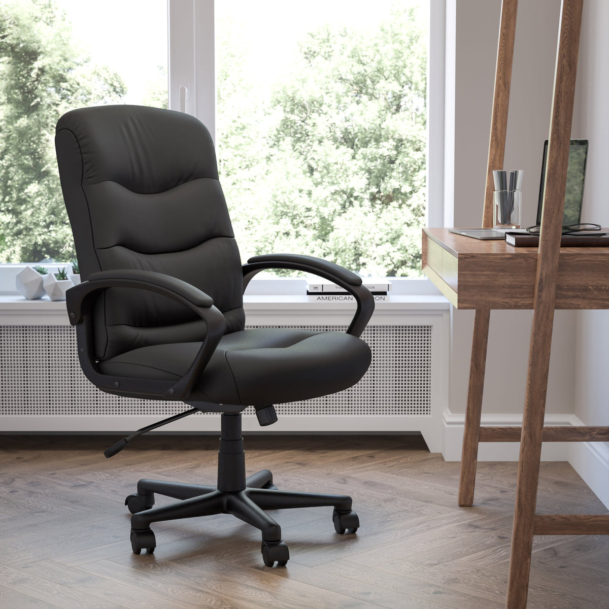 Mid-Back Black LeatherSoft Office Chair with Three Line Horizontal Stitch Back