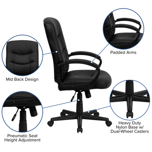 Mid-Back Black LeatherSoft Office Chair with Three Line Horizontal Stitch Back