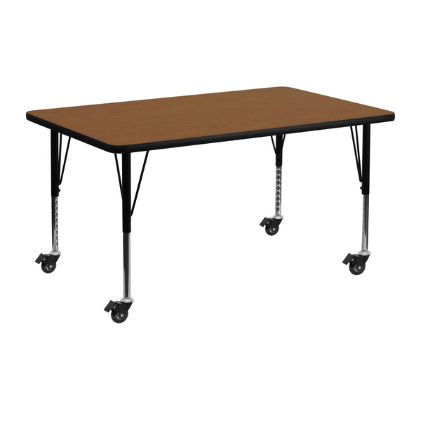 Oak |#| Mobile 24inchW x 48inchL Rectangular Oak HP Laminate Activity Table w/Adjustable Legs