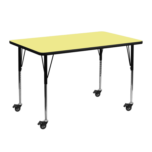 Yellow |#| Mobile 24inchW x 48inchL Rectangular Yellow Thermal Laminate Adjustable Activity Table