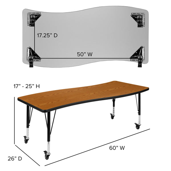 Oak |#| Mobile 26inchW x 60inchL Wave Collaborative Oak Kids Adjustable Activity Table