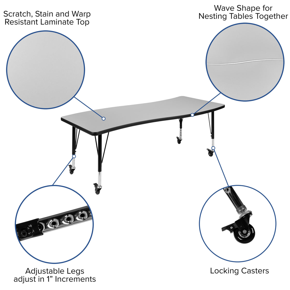 Grey |#| Mobile 26inchW x 60inchL Wave Collaborative Grey Kids Adjustable Activity Table