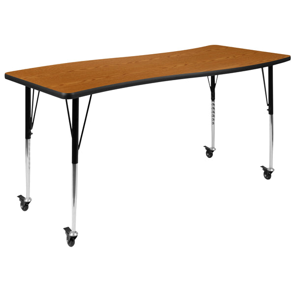 Oak |#| Mobile 26inchW x 60inchL Rectangular Wave Collaborative Oak Adjustable Activity Table