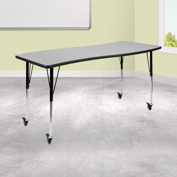 Grey |#| Mobile 26inchW x 60inchL Rectangular Wave Collaborative Grey Adjustable Activity Table