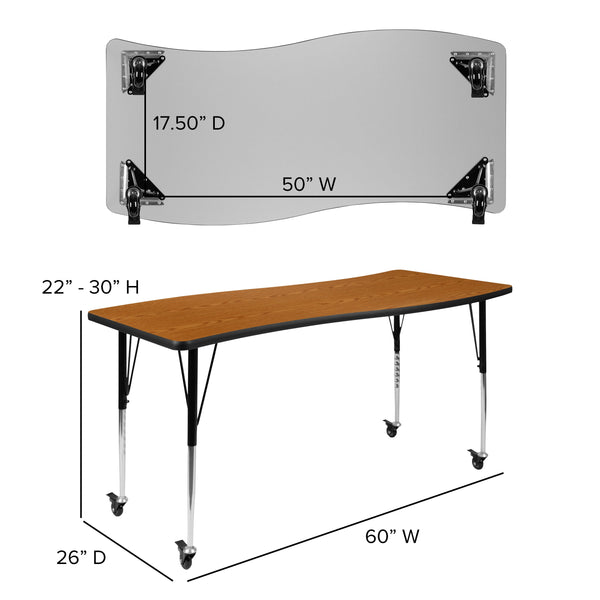 Oak |#| Mobile 26inchW x 60inchL Rectangular Wave Collaborative Oak Adjustable Activity Table