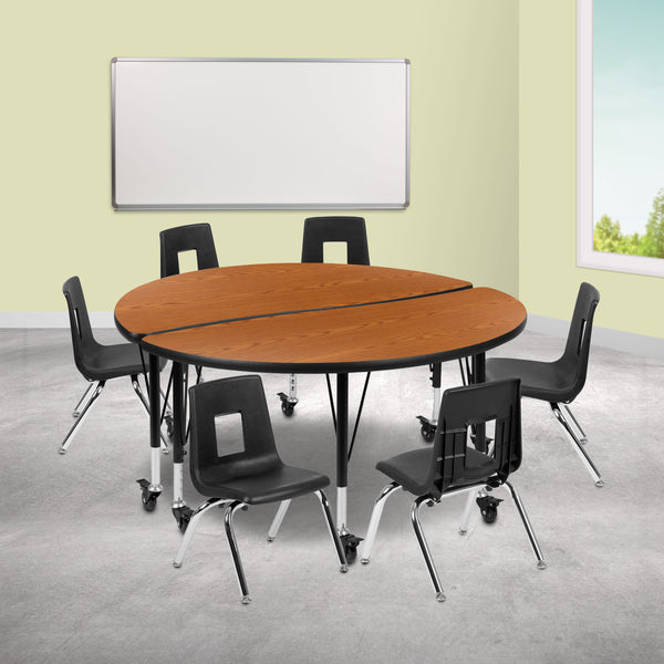 Oak |#| Mobile 47.5inch Circle Wave Activity Table Set-14inch Student Stack Chairs, Oak/Black