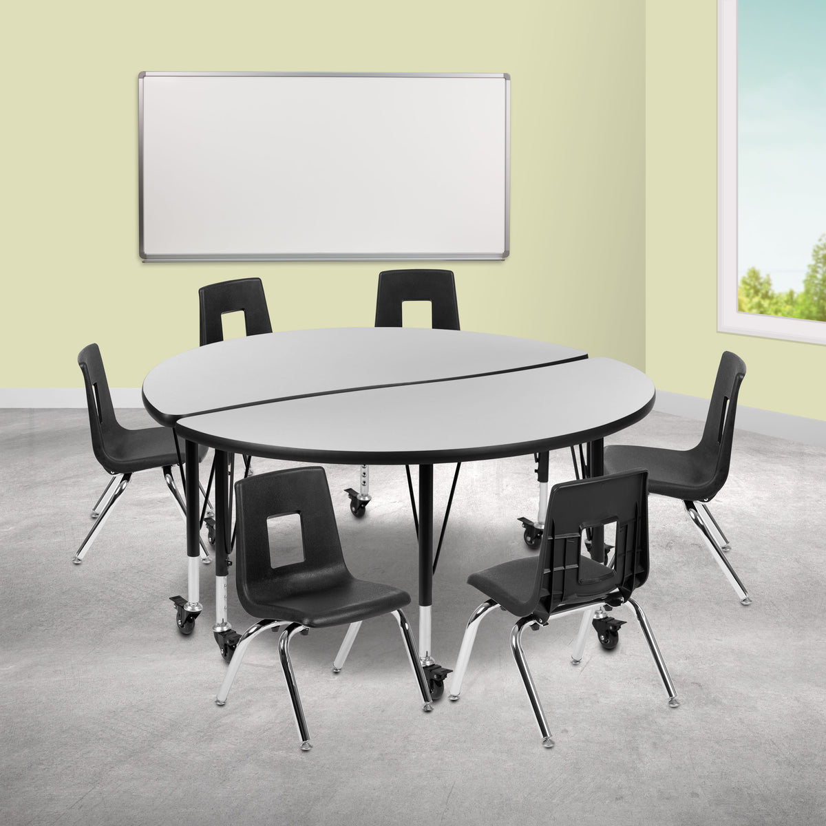 Grey |#| Mobile 47.5inch Circle Wave Activity Table Set-14inch Student Stack Chairs, Grey/Black