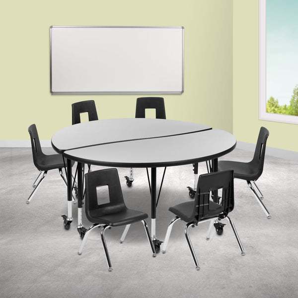 Grey |#| Mobile 47.5inch Circle Wave Activity Table Set-14inch Student Stack Chairs, Grey/Black