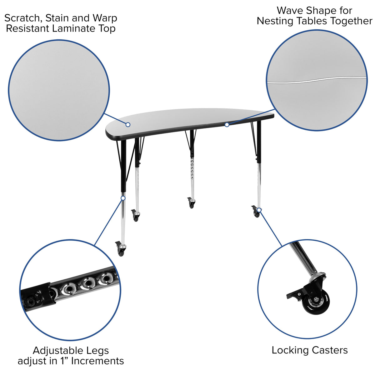 Grey |#| Mobile 47.5inch Circle Wave Activity Table Set-16inch Student Stack Chairs, Grey/Black