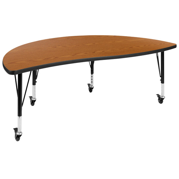 Oak |#| Mobile 60inch Circle Wave Activity Table Set-12inch Student Stack Chairs, Oak/Black