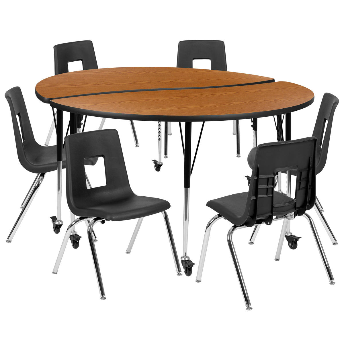Oak |#| Mobile 60inch Circle Wave Activity Table Set-18inch Student Stack Chairs, Oak/Black