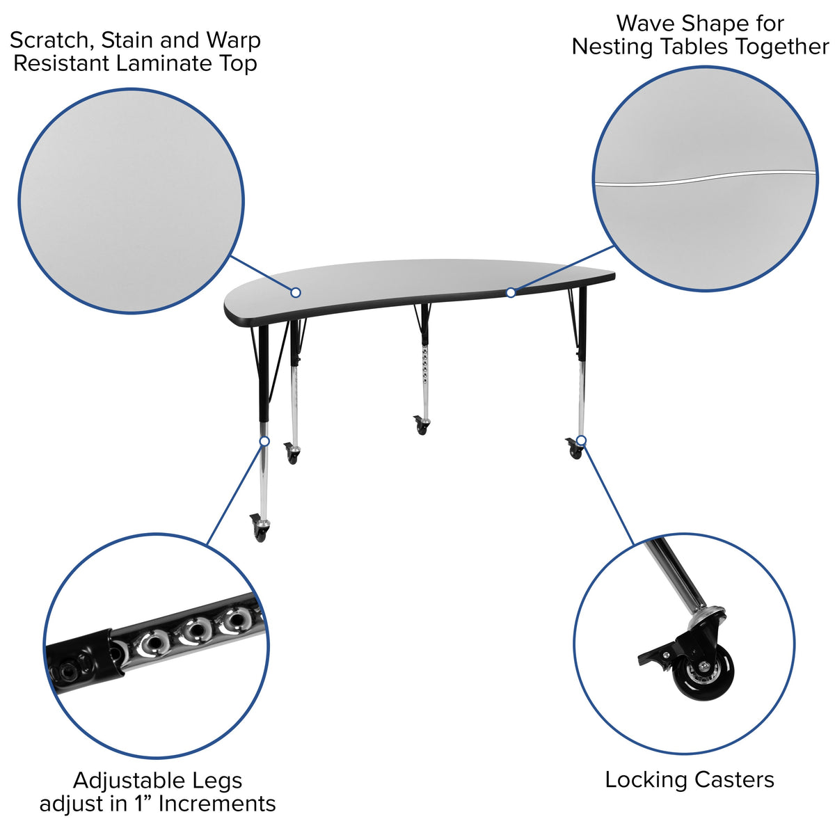 Grey |#| Mobile 60inch Circle Wave Activity Table Set-18inch Student Stack Chairs, Grey/Black
