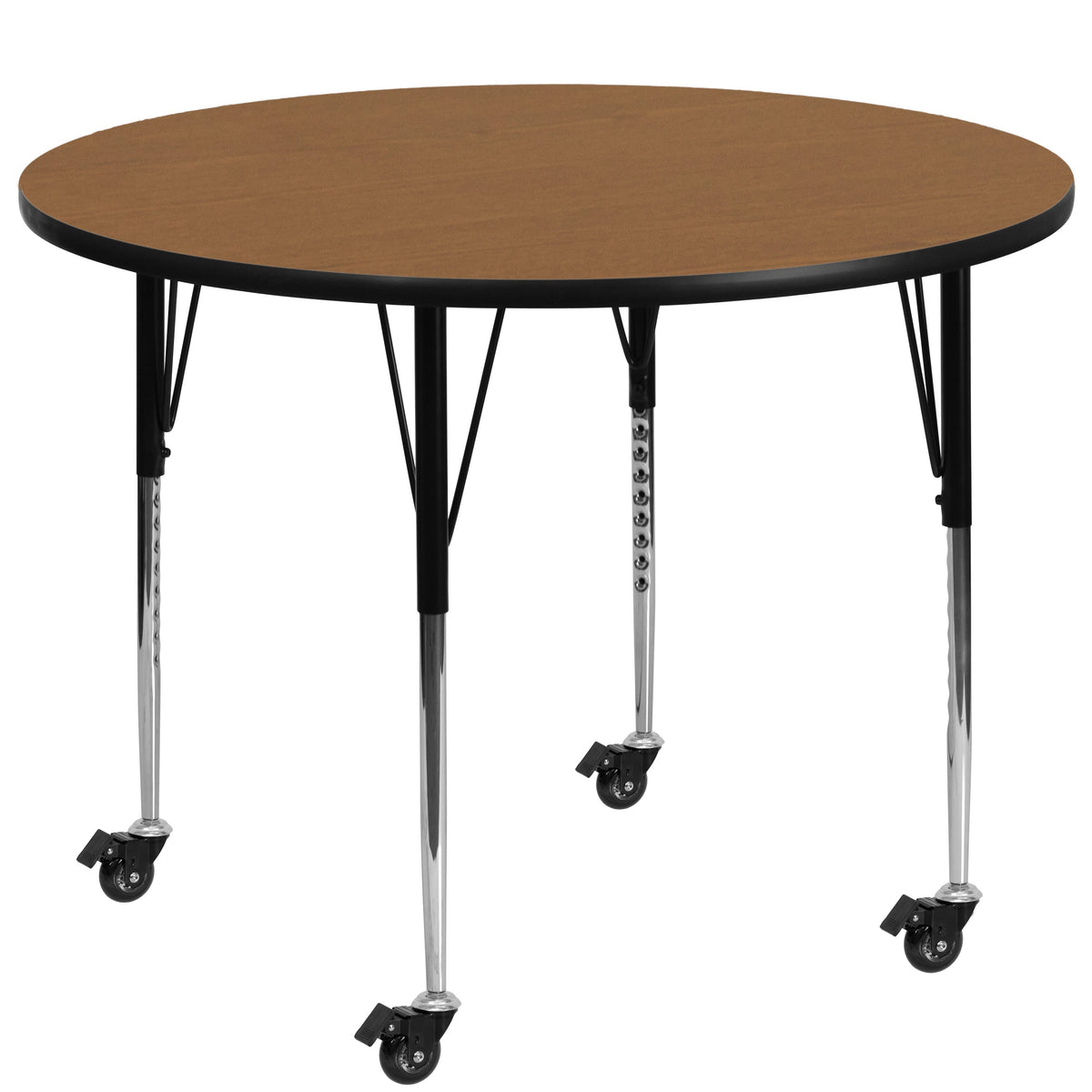 Oak |#| Mobile 60inch Round Oak Thermal Laminate Activity Table - Height Adjustable Legs