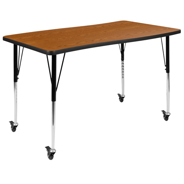 Oak |#| Mobile 76inch Oval Wave Activity Table Set-16inch Student Stack Chairs, Oak/Black