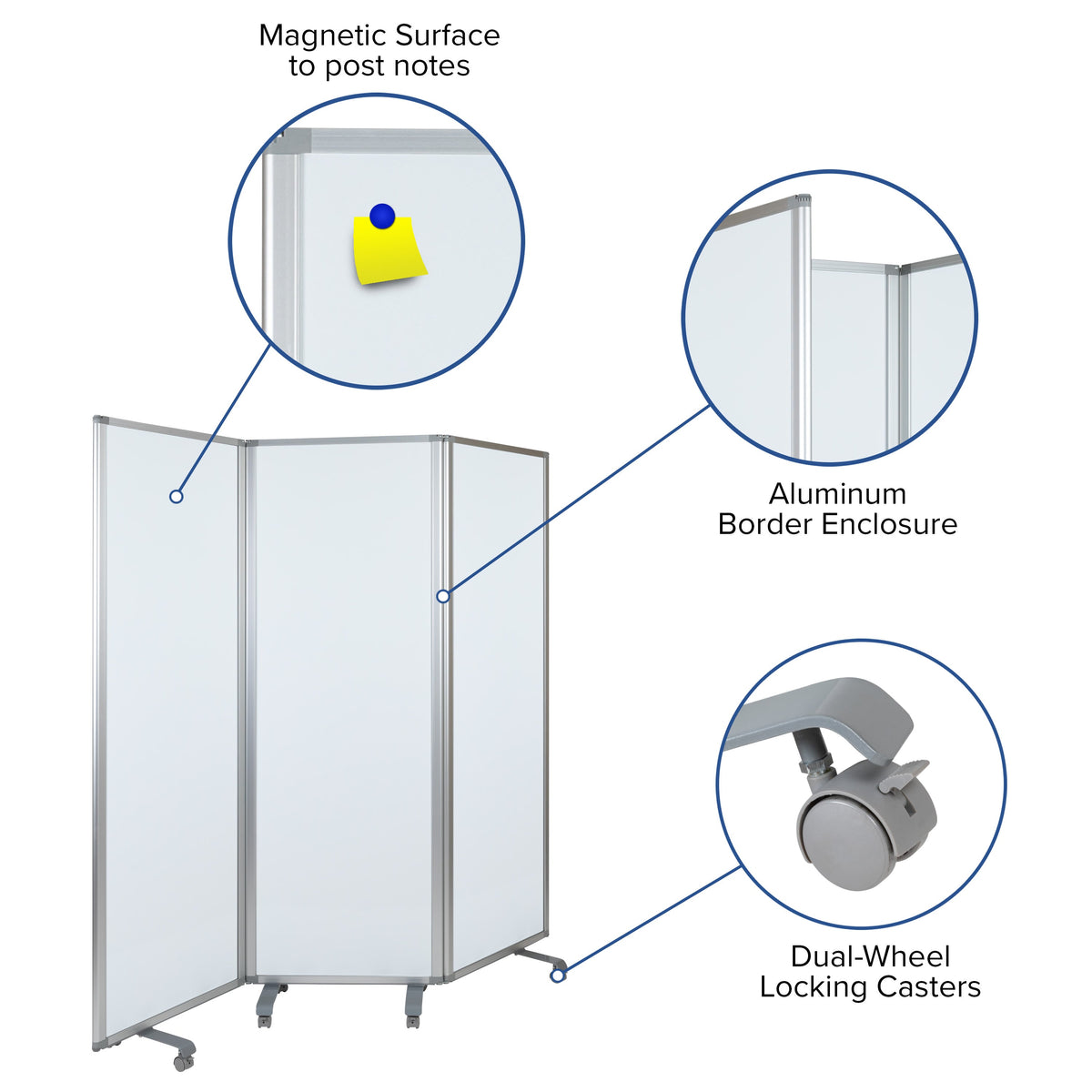 Mobile Magnetic Whiteboard 3 Section Partition with Locking Casters, 72inchH x 24inchW