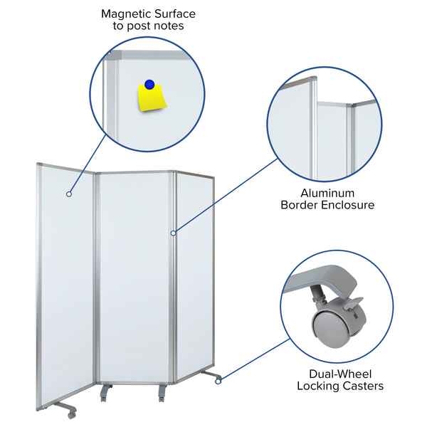 Mobile Magnetic Whiteboard 3 Section Partition with Locking Casters, 72inchH x 24inchW