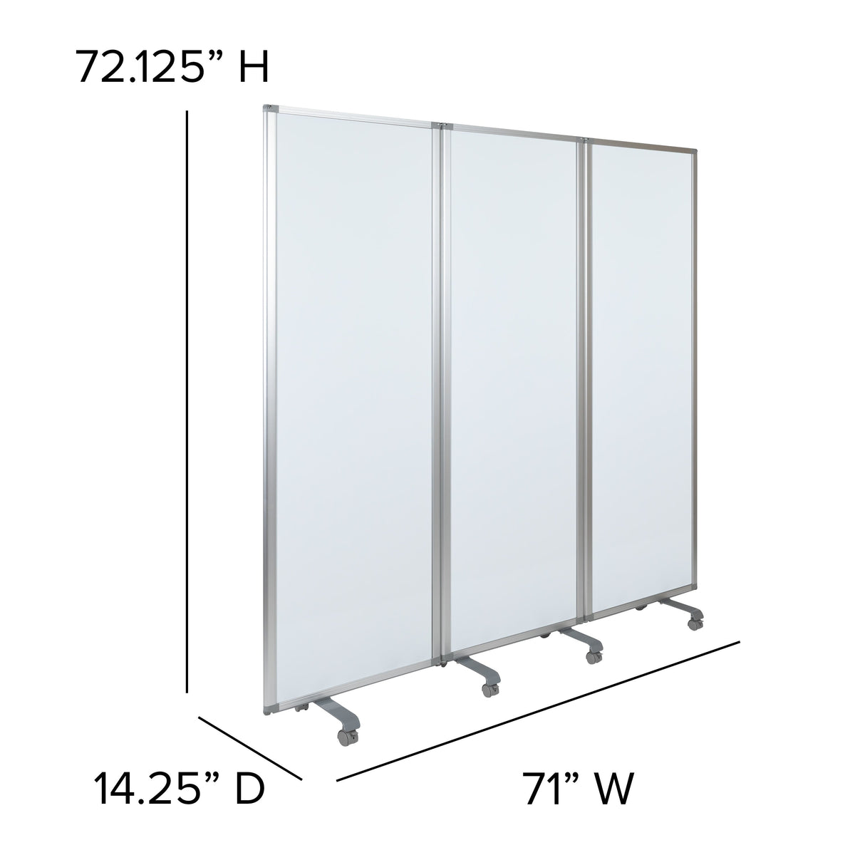 Mobile Magnetic Whiteboard 3 Section Partition with Locking Casters, 72inchH x 24inchW