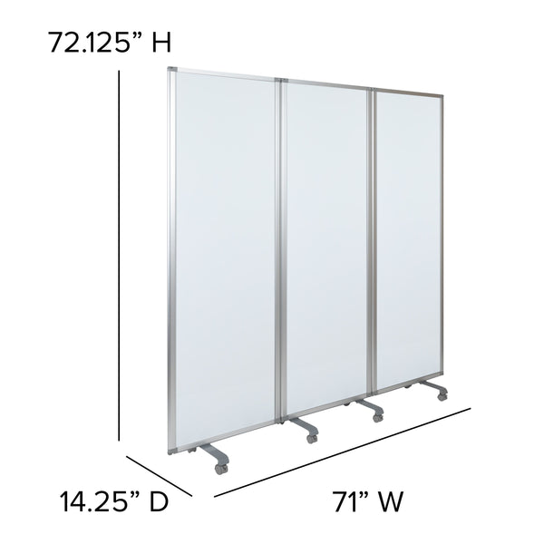 Mobile Magnetic Whiteboard 3 Section Partition with Locking Casters, 72inchH x 24inchW