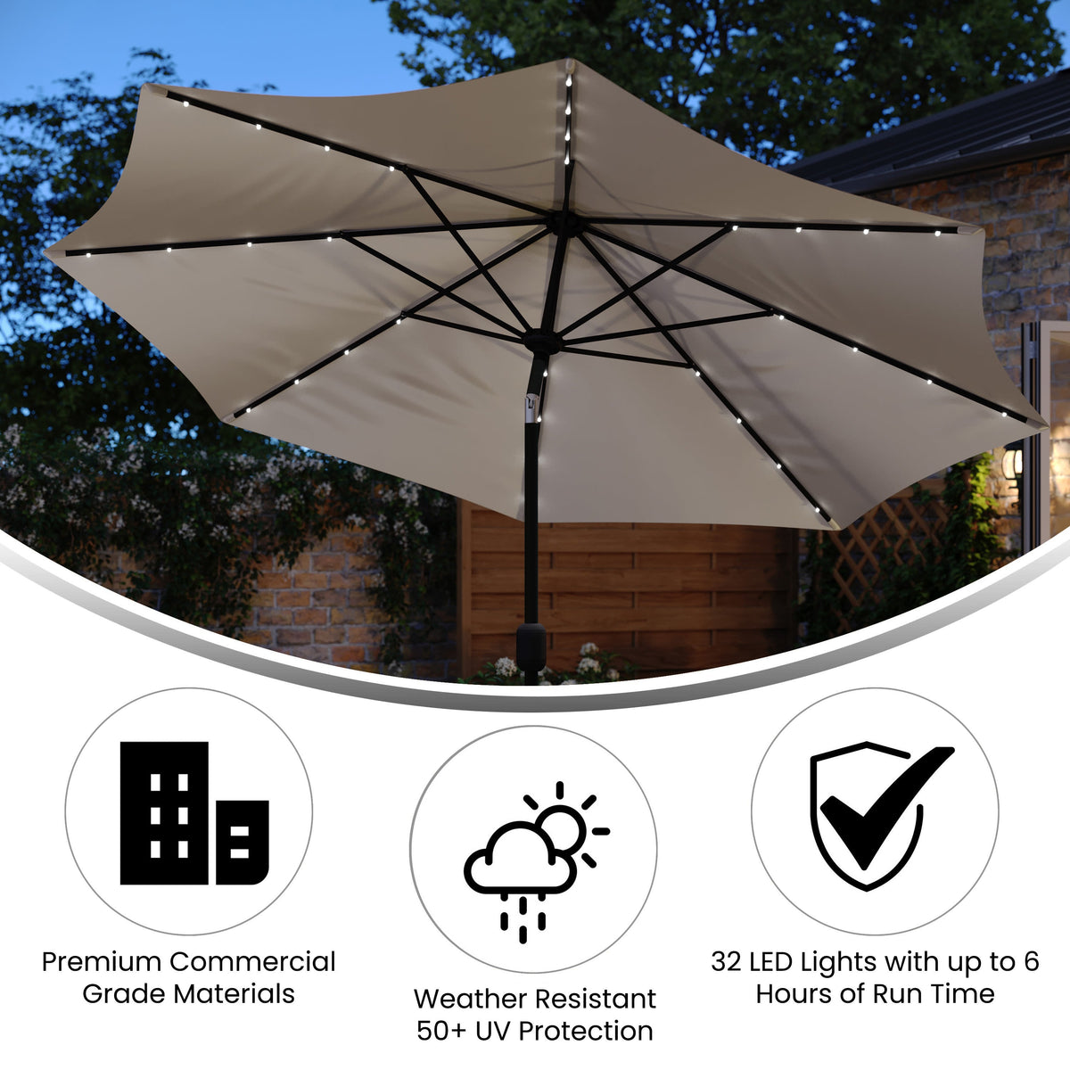 Tan |#| Commercial 9 FT 32 LED Light Solar Umbrella with Crank and Tilt Function in Tan