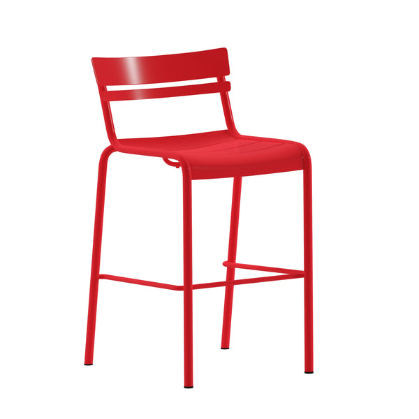 Red |#| Modern Commercial Grade 2 Slat Indoor/Outdoor Steel Bar Stool in Red