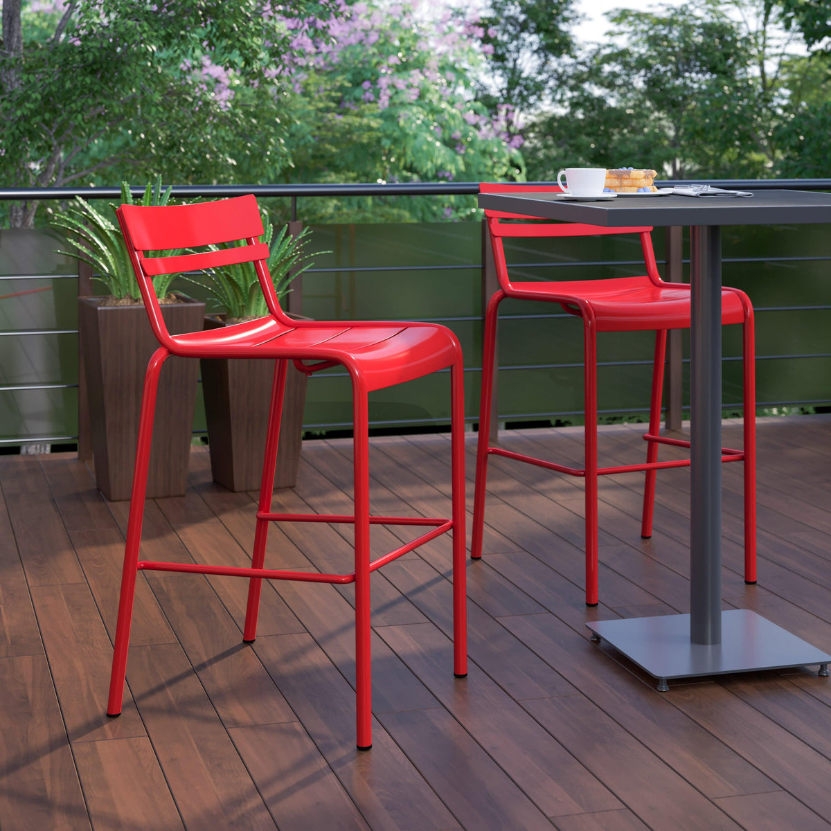 Red |#| Modern Commercial Grade 2 Slat Indoor/Outdoor Steel Bar Stool in Red