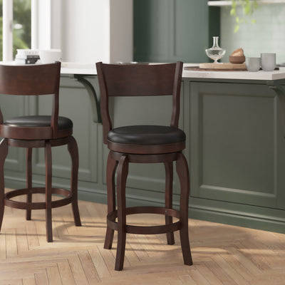 Nichola Commercial Grade Classic Open Back Swivel Counter Height Pub Barstool with Bowed Wooden Frame and Padded, Uphosltered Seat