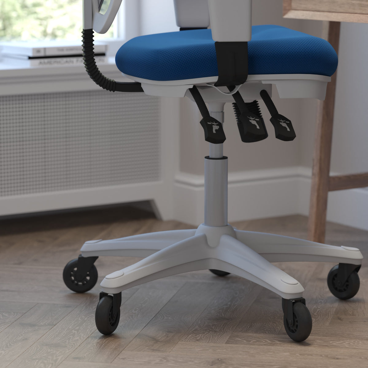 Blue Mesh/White Frame |#| Mid-Back Ergonomic Multifunction Mesh Chair with Polyurethane Wheels-Blue