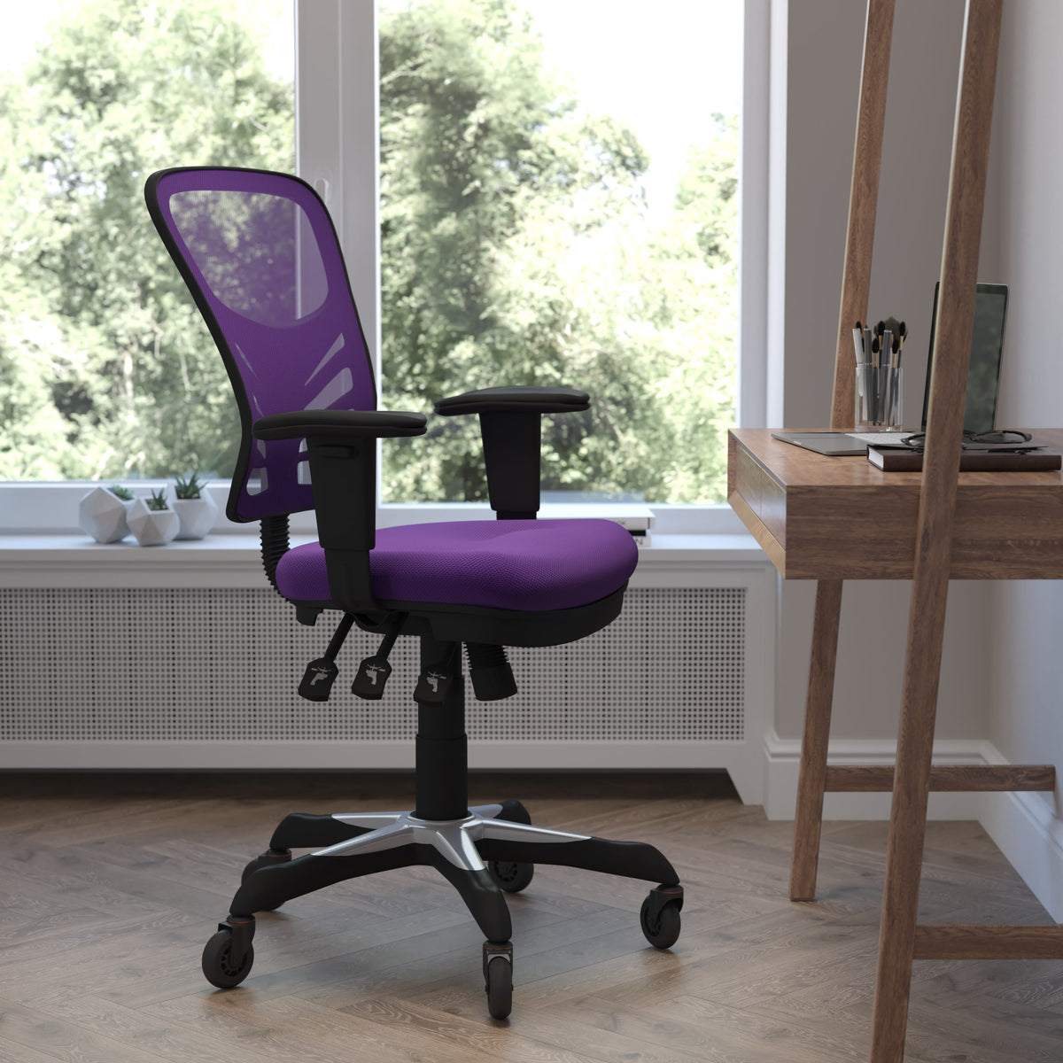 Purple/Black Frame |#| Mid-Back Ergonomic Multifunction Mesh Chair with Polyurethane Wheels-Purple