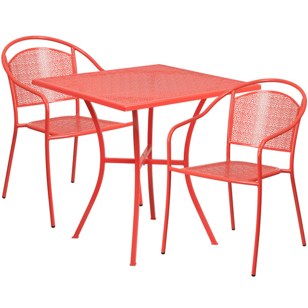 Coral |#| 28inch Square Coral Indoor-Outdoor Steel Patio Table Set with 2 Round Back Chairs