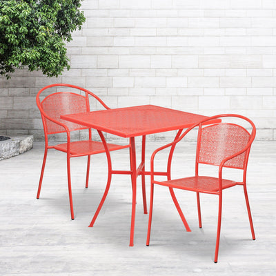 Oia Commercial Grade 28" Square Indoor-Outdoor Steel Patio Table Set with 2 Round Back Chairs - View 2