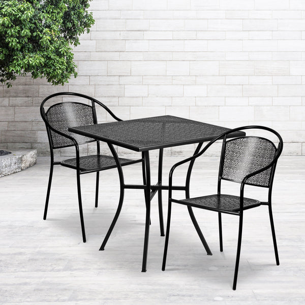 Black |#| 28inch Square Black Indoor-Outdoor Steel Patio Table Set with 2 Round Back Chairs