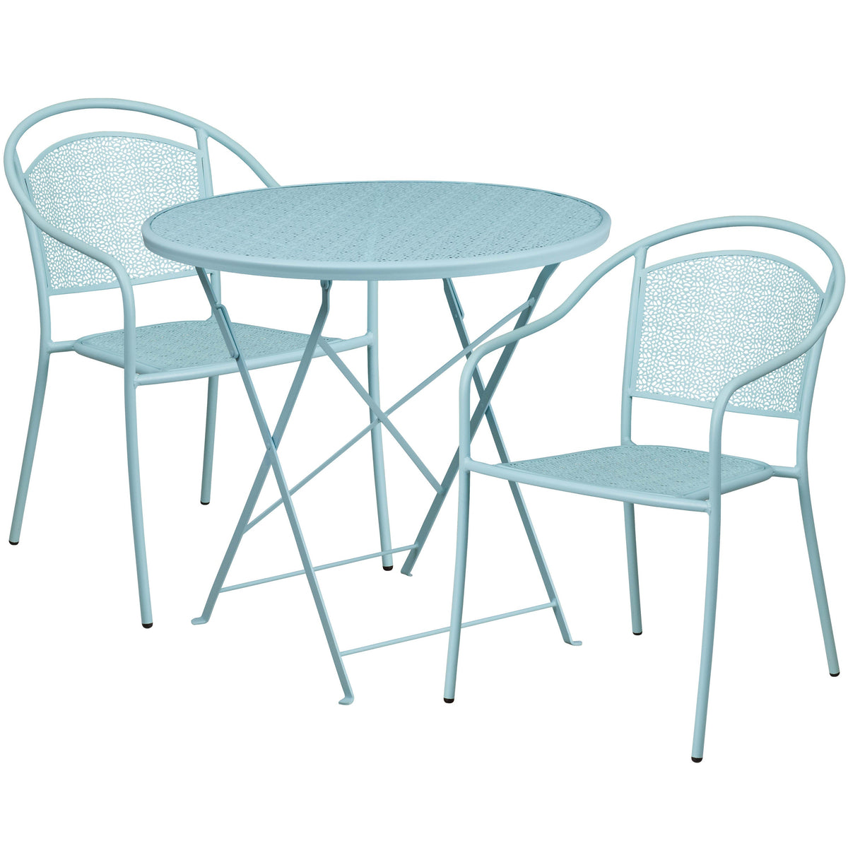 Sky Blue |#| 30inch Round Sky Blue Indoor-Outdoor Steel Folding Patio Table Set with 2 Chairs