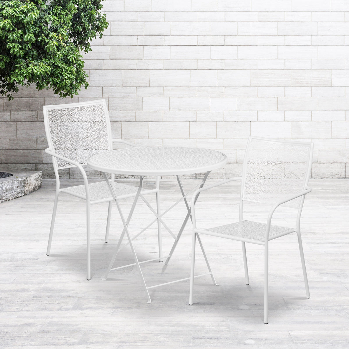 White |#| 30inch Round White Indoor-Outdoor Steel Folding Patio Table Set with 2 Chairs
