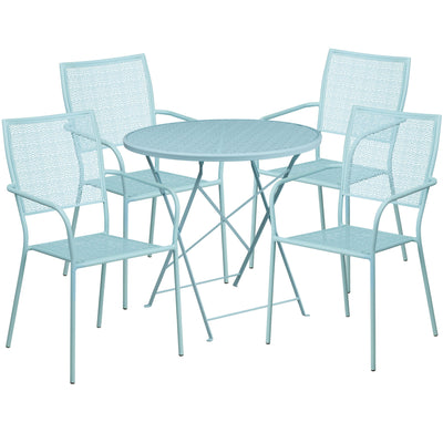 Oia Commercial Grade 30" Round Indoor-Outdoor Steel Folding Patio Table Set with 4 Square Back Chairs - View 1