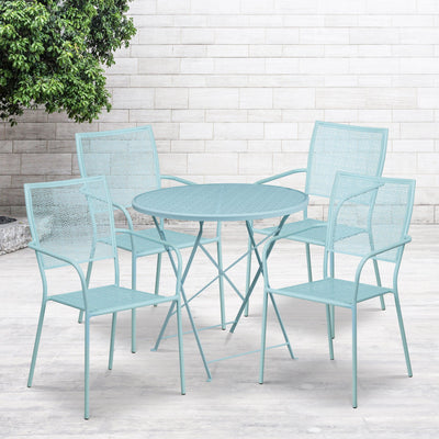 Oia Commercial Grade 30" Round Indoor-Outdoor Steel Folding Patio Table Set with 4 Square Back Chairs - View 2