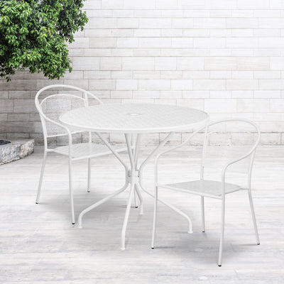 Oia Commercial Grade 35.25" Round Indoor-Outdoor Steel Patio Table Set with 2 Round Back Chairs - View 2