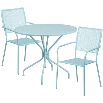 Oia Commercial Grade 35.25" Round Indoor-Outdoor Steel Patio Table Set with 2 Square Back Chairs - View 1