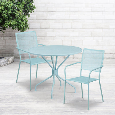 Oia Commercial Grade 35.25" Round Indoor-Outdoor Steel Patio Table Set with 2 Square Back Chairs - View 2