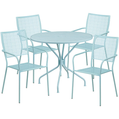 Oia Commercial Grade 35.25" Round Indoor-Outdoor Steel Patio Table Set with 4 Square Back Chairs - View 1