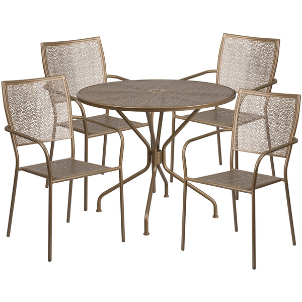 Gold |#| 35.25inch Round Gold Indoor-Outdoor Steel Patio Table Set w/ 4 Square Back Chairs