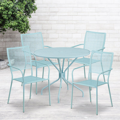 Oia Commercial Grade 35.25" Round Indoor-Outdoor Steel Patio Table Set with 4 Square Back Chairs - View 2
