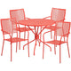 Coral |#| 35.25inch Round Coral Indoor-Outdoor Steel Patio Table Set w/ 4 Square Back Chairs