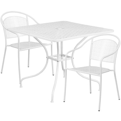 Oia Commercial Grade 35.5" Square Indoor-Outdoor Steel Patio Table Set with 2 Round Back Chairs - View 1