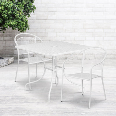 Oia Commercial Grade 35.5" Square Indoor-Outdoor Steel Patio Table Set with 2 Round Back Chairs - View 2